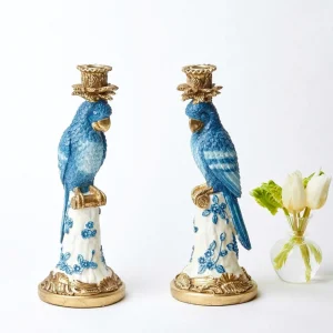 Best Sale Blue & White Parrot Candle Holder (Pair) Candle Holders