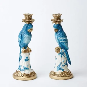 Best Sale Blue & White Parrot Candle Holder (Pair) Candle Holders