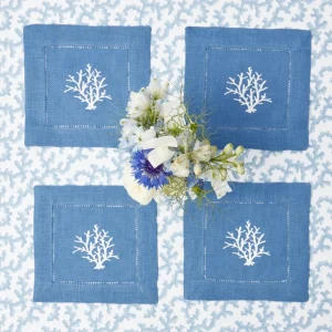 Store Coral Blue Linen Cocktail Napkins (Set Of 4) Napkins