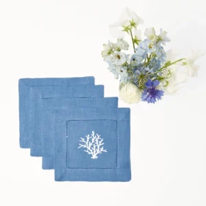 Store Coral Blue Linen Cocktail Napkins (Set Of 4) Napkins