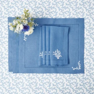 Hot Coral Blue Linen Set Table Linen Sets