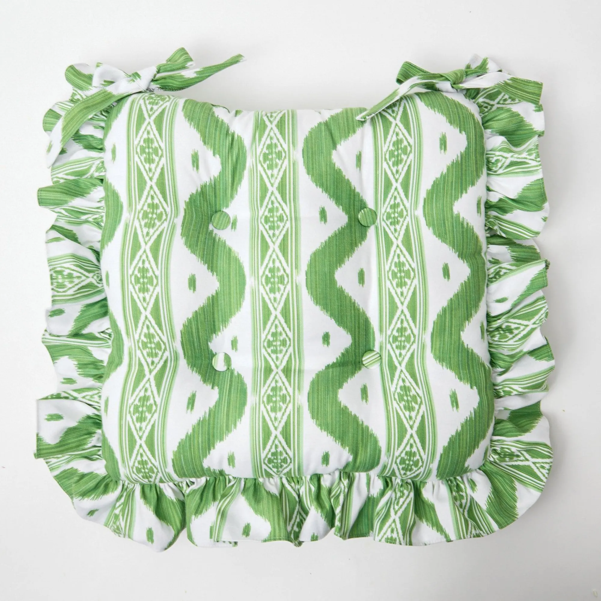 frilled_green_ikat_seat_p_3.webp Store Frilled Green Ikat Seat Pad Cushion (Set Of 4) Cushions