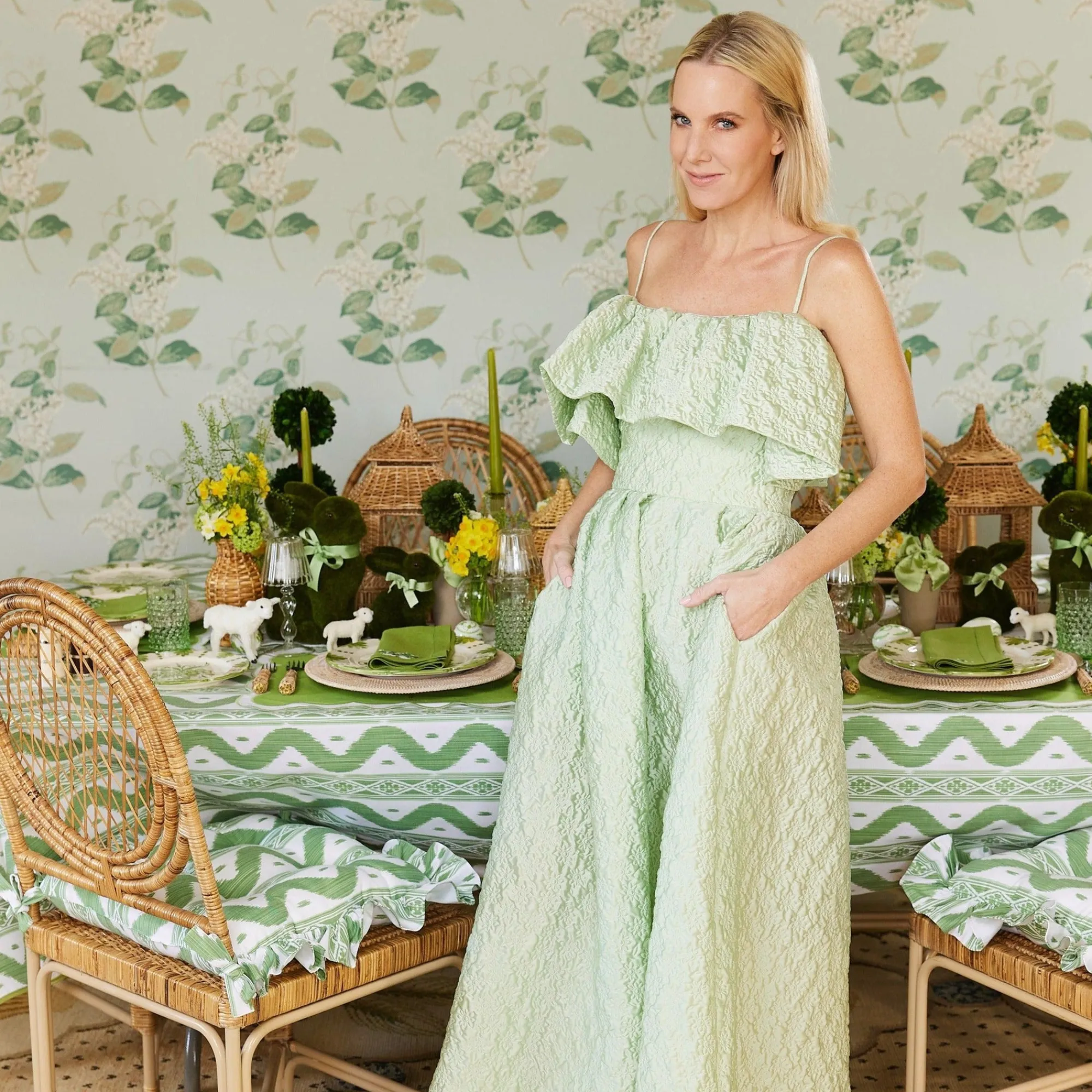 frilled_green_ikat_seat_p_5.webp Store Frilled Green Ikat Seat Pad Cushion (Set Of 4) Cushions