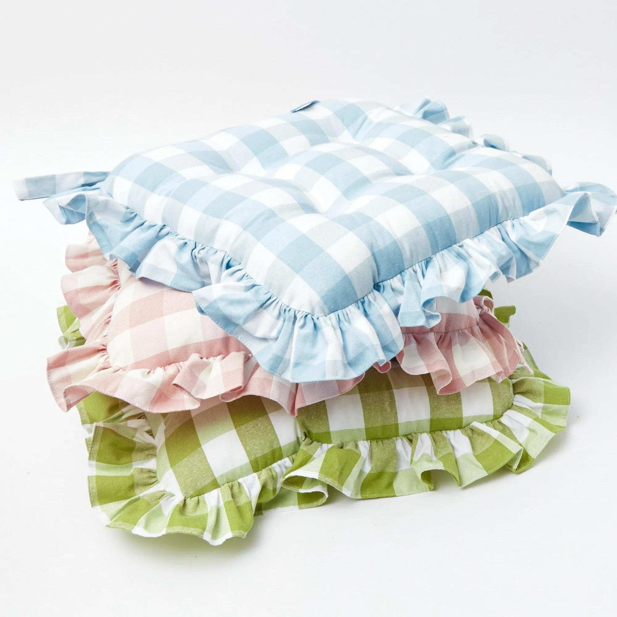 green_gingham_ruffle_seat_10.webp Fashion Green Gingham Ruffle Seat Pad Cushions (Set Of 4) Cushions