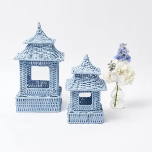 Clearance Mini Blue Rattan Pagoda Lanterns (Pair) Rattan Tableware