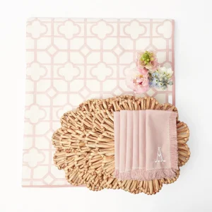 Sale Pink Bamboo, Water Hyacinth & Pink Fringe Linen Set Table Linen Sets