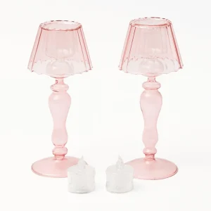 Cheap Pink Glass Lantern Tea Light Holder (Pair) - 24Cm Pagodas & Lanterns