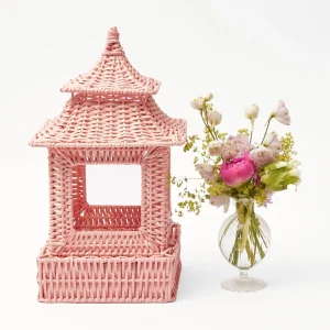 New Pink Rattan Pagoda Lantern Set Candle Holders