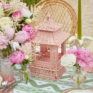 New Pink Rattan Pagoda Lantern Set Pagodas & Lanterns