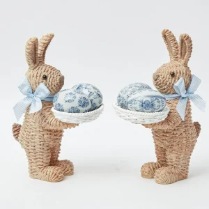 Outlet Rattan Blue Ribboned Rabbit With Basket (Pair) Rattan Tableware