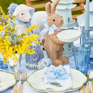 Outlet Rattan Blue Ribboned Rabbit With Basket (Pair) Rattan Tableware