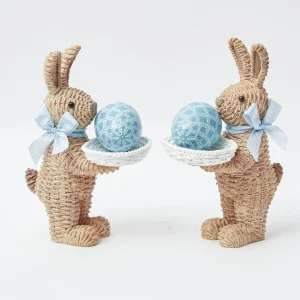 Outlet Rattan Blue Ribboned Rabbit With Basket (Pair) Rattan Tableware