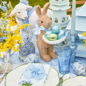 Outlet Rattan Blue Ribboned Rabbit With Basket (Pair) Rattan Tableware