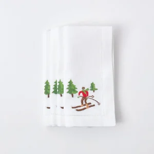 Discount White Embroidered Skier Napkins (Set Of 4) Napkins