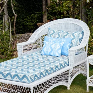 Outlet White Rattan Sun Lounger With Blue Ikat Cushion Rattan Furniture